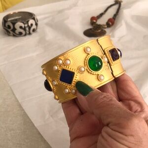 Gold-Tone Embellished Statement Cuff Bracelet with Green and Blue Stones